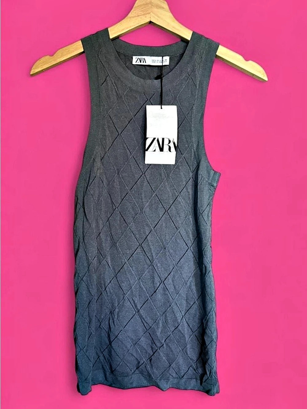 NWT! Zara Argyle Knit Top Gray size Large